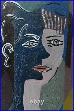 Tableau Cubiste signé dans le gout de Jean Cocteau 1967 cubisme- portrait Rare