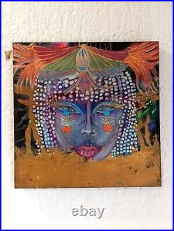 Tableau Égyptien Portrait Tribal Multicolore Coloré Art Brut Naïf Fait Main