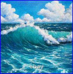 Tableau HUILE 50X50 CARIN Vague Océan Turquoise Ciel Nuages ORIGINAL Signé