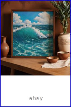 Tableau HUILE 50X50 CARIN Vague Océan Turquoise Ciel Nuages ORIGINAL Signé