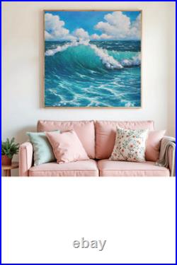 Tableau HUILE 50X50 CARIN Vague Océan Turquoise Ciel Nuages ORIGINAL Signé