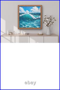 Tableau HUILE 50X50 CARIN Vague Océan Turquoise Ciel Nuages ORIGINAL Signé