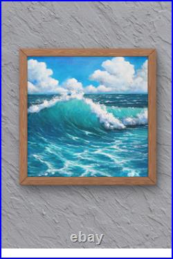 Tableau HUILE 50X50 CARIN Vague Océan Turquoise Ciel Nuages ORIGINAL Signé