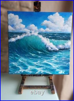 Tableau HUILE 50X50 CARIN Vague Océan Turquoise Ciel Nuages ORIGINAL Signé