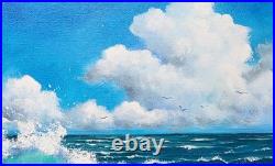 Tableau HUILE 50X50 CARIN Vague Océan Turquoise Ciel Nuages ORIGINAL Signé