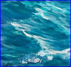Tableau HUILE 50X50 CARIN Vague Océan Turquoise Ciel Nuages ORIGINAL Signé
