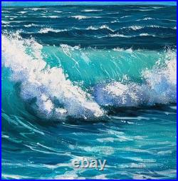 Tableau HUILE 50X50 CARIN Vague Océan Turquoise Ciel Nuages ORIGINAL Signé