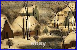 Tableau Huile Georges DAMIN (né en 1942) Art Naïf Paysage Hiver Maisons Neige XX