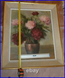 Tableau Huile sur toile Bouquet de fleurs Pivoines ou Roses Signé & daté 1945