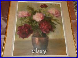 Tableau Huile sur toile Bouquet de fleurs Pivoines ou Roses Signé & daté 1945