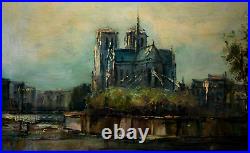 Tableau Huile sur toile La Seine et Notre Dame de Paris par Dumont Milieu XXe s