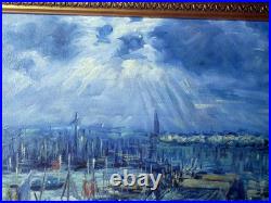 Tableau Huile sur toile Port Le Havre scène animée, marine post-impressi