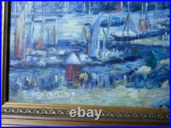 Tableau Huile sur toile Port Le Havre scène animée, marine post-impressi
