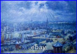 Tableau Huile sur toile Port Le Havre scène animée, marine post-impressi