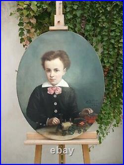 Tableau PEINTURE huile sur toile OVALE PORTRAIT D'ENFANT garçon 19e XIX signé