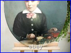 Tableau PEINTURE huile sur toile OVALE PORTRAIT D'ENFANT garçon 19e XIX signé