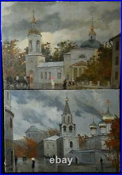 Tableau Paire de deux huiles sur toile Paysage animés orthodoxes, Russie, Grèce