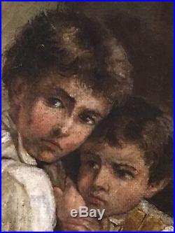 Tableau Peinture 19è XIXè Scène de genre Paysannerie Animaux Enfants rare ancien