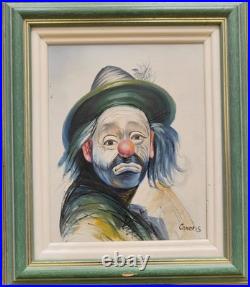 Tableau Peinture Clown triste signé Garros Huile sur toile cadre vintage