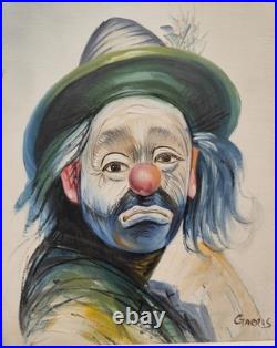 Tableau Peinture Clown triste signé Garros Huile sur toile cadre vintage