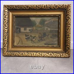 Tableau Peinture Huile Sur Toile Poulailler Le Coq Et Basse Cour