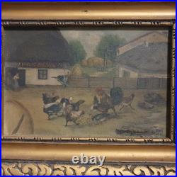 Tableau Peinture Huile Sur Toile Poulailler Le Coq Et Basse Cour