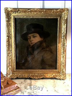 Tableau / Peinture / Huile Sur Toile (portrait Femme Au Chapeau) Année 1900