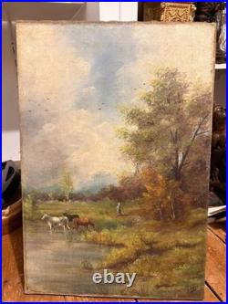 Tableau Peinture Huile Toile Berger Lac Vache Rivière Pêche Paysage PATRY 19ème