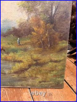 Tableau Peinture Huile Toile Berger Lac Vache Rivière Pêche Paysage PATRY 19ème