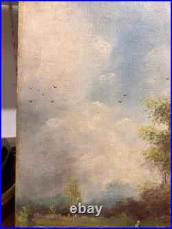 Tableau Peinture Huile Toile Berger Lac Vache Rivière Pêche Paysage PATRY 19ème