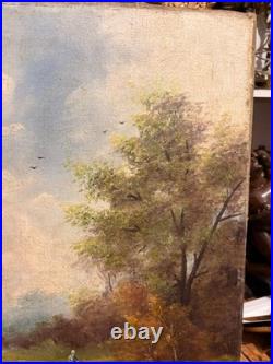 Tableau Peinture Huile Toile Berger Lac Vache Rivière Pêche Paysage PATRY 19ème