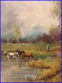 Tableau Peinture Huile Toile Berger Lac Vache Rivière Pêche Paysage PATRY 19ème