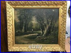 Tableau Peinture Huile sur toile Barbizon Forêt personnage signé CH ép XIX ème