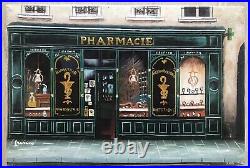 Tableau Peinture Par Francine Huile Façade de Pharmacie Paris XXe