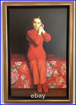 Tableau Peinture à l'huile Portrait Jeune Fille en rouge à la rose XXe Siècle