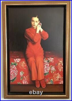 Tableau Peinture à l'huile Portrait Jeune Fille en rouge à la rose XXe Siècle