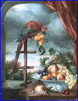 Tableau Peinture à lhuile Nature Morte Coupe de Fruits Oiseau XIXe