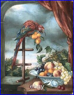 Tableau Peinture à lhuile Nature Morte Coupe de Fruits Oiseau XIXe