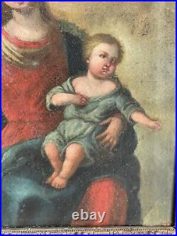 Tableau Religieux Vierge À L'enfant Huile Sur Toile Du 18ème 73x60