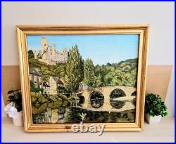 Tableau à l'Huile sur Toile Signé Mayordomo Cadre Doré Village Belcastel