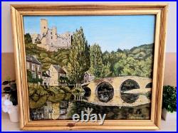 Tableau à l'Huile sur Toile Signé Mayordomo Cadre Doré Village Belcastel