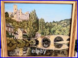 Tableau à l'Huile sur Toile Signé Mayordomo Cadre Doré Village Belcastel