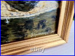 Tableau à l'Huile sur Toile Signé Mayordomo Cadre Doré Village Belcastel