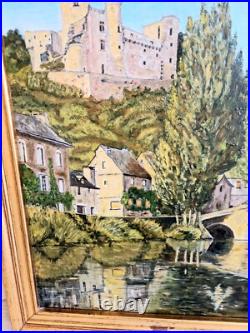 Tableau à l'Huile sur Toile Signé Mayordomo Cadre Doré Village Belcastel