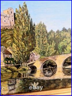 Tableau à l'Huile sur Toile Signé Mayordomo Cadre Doré Village Belcastel
