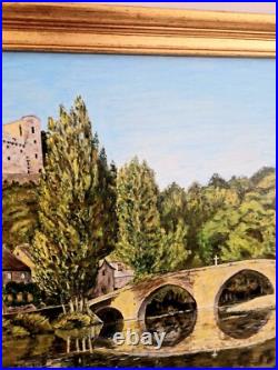 Tableau à l'Huile sur Toile Signé Mayordomo Cadre Doré Village Belcastel