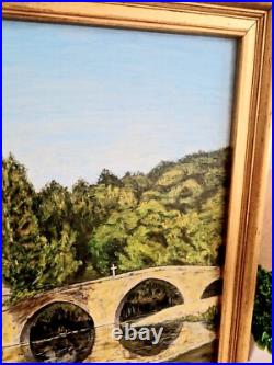 Tableau à l'Huile sur Toile Signé Mayordomo Cadre Doré Village Belcastel