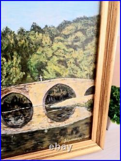 Tableau à l'Huile sur Toile Signé Mayordomo Cadre Doré Village Belcastel