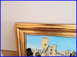 Tableau à l'Huile sur Toile Signé Mayordomo Cadre Doré Village Belcastel