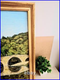 Tableau à l'Huile sur Toile Signé Mayordomo Cadre Doré Village Belcastel